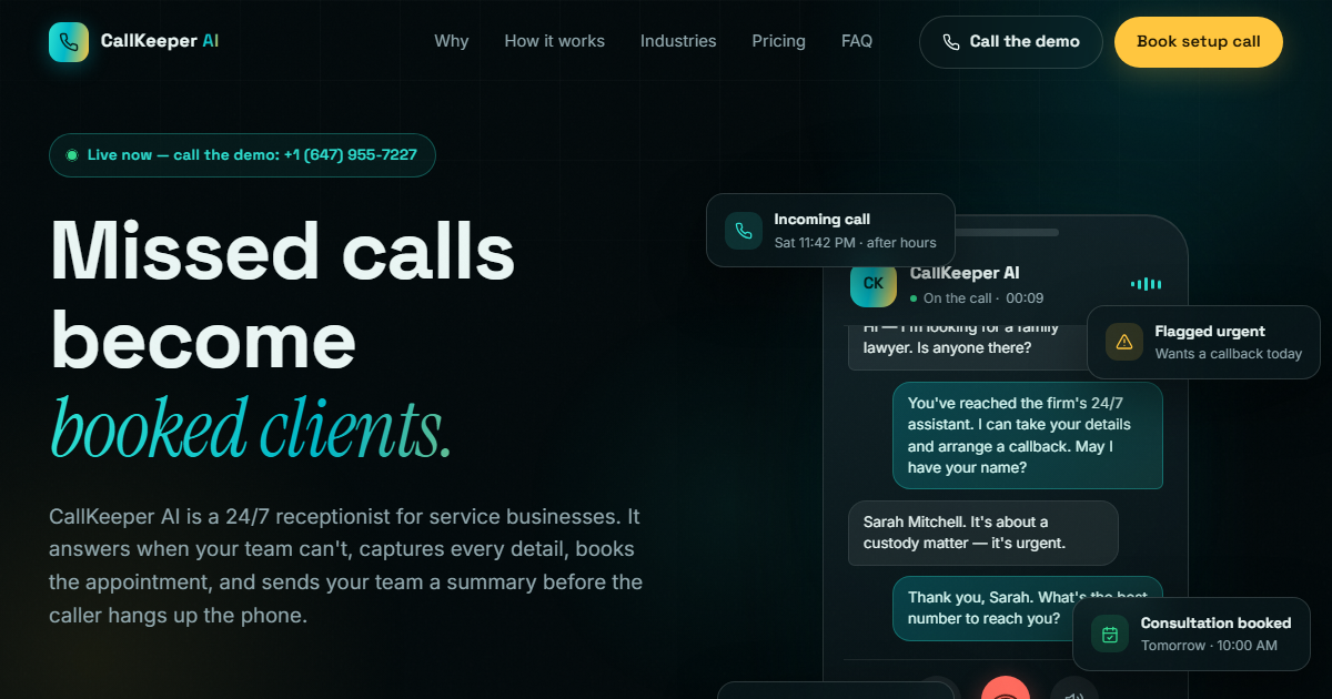CallKeeper AI | The 24/7 AI Receptionist That Turns Missed Calls Into ...